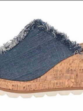 Minnetonka Frayed Denim Cork Wedge Slip-On Sandals - Blue